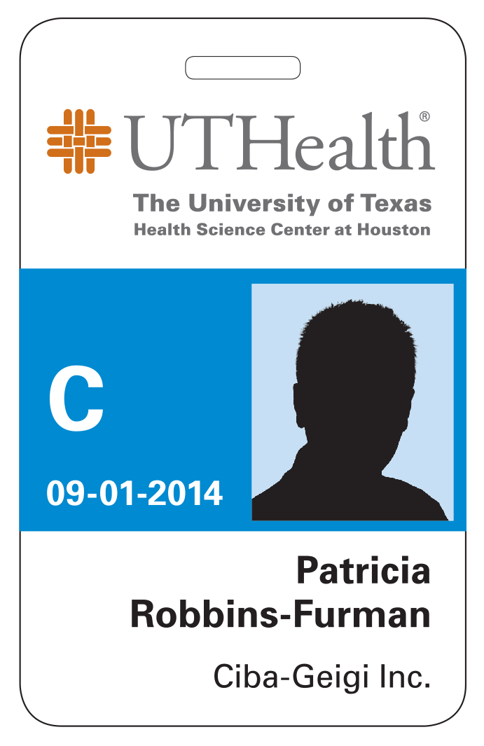 Uthealth承包商和临时代理商员工徽章示例与蓝色中心块图像