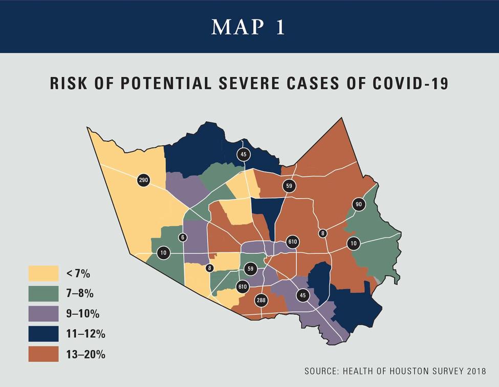 地图,哈里斯县的地区,居民大多可能需要住院COVID-19红色所示。(图片由休斯顿希思/ UTHealth)