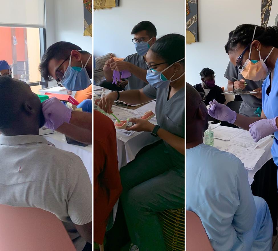 牙科学生(左起)Salman Momin多米尼克•Angibeau和埃尔韦拉Nworah进行口腔健康检查,并演示了牙科健康教育。