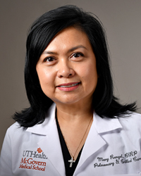Photo of Mary Rangel in white coat - This Photo is taken by Dwight C. Andrews/McGovern Medical School at UTHealth Office of Communications Mary Rangel - IM - Pulmonary, Critical Care and Sleep Medicine