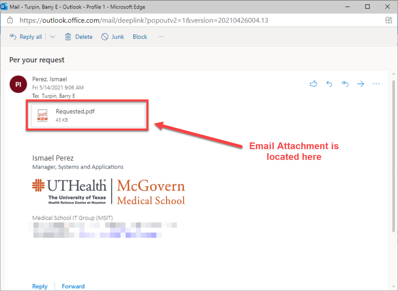 一个图像显示了电子邮件中附件位置的位置 - 在电子邮件视图屏幕的左上角，直接在发件人的名称和电子邮件的接收器下方。