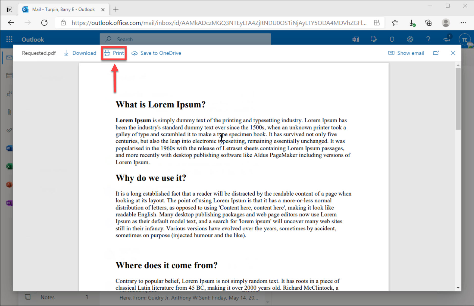 图像在Uthealth Citrix Webmail Portal中使用箭头和高光框显示附件打印屏幕按钮的位置。