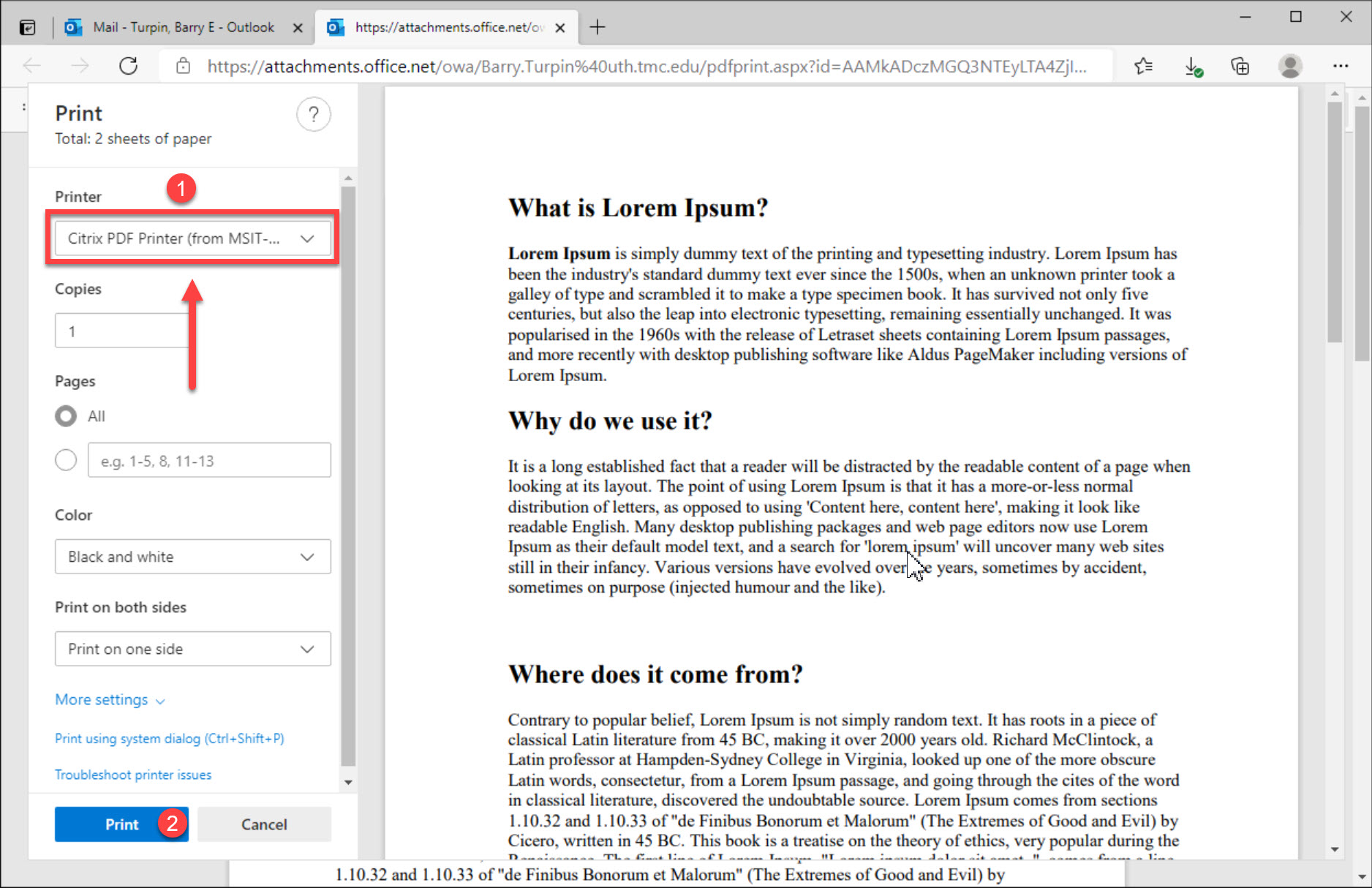 图像显示如何使用Uthealth Citrix WebMail Portal在“打印机选择”菜单中选择Citrix PDF打印机（或其他打印机）选项。