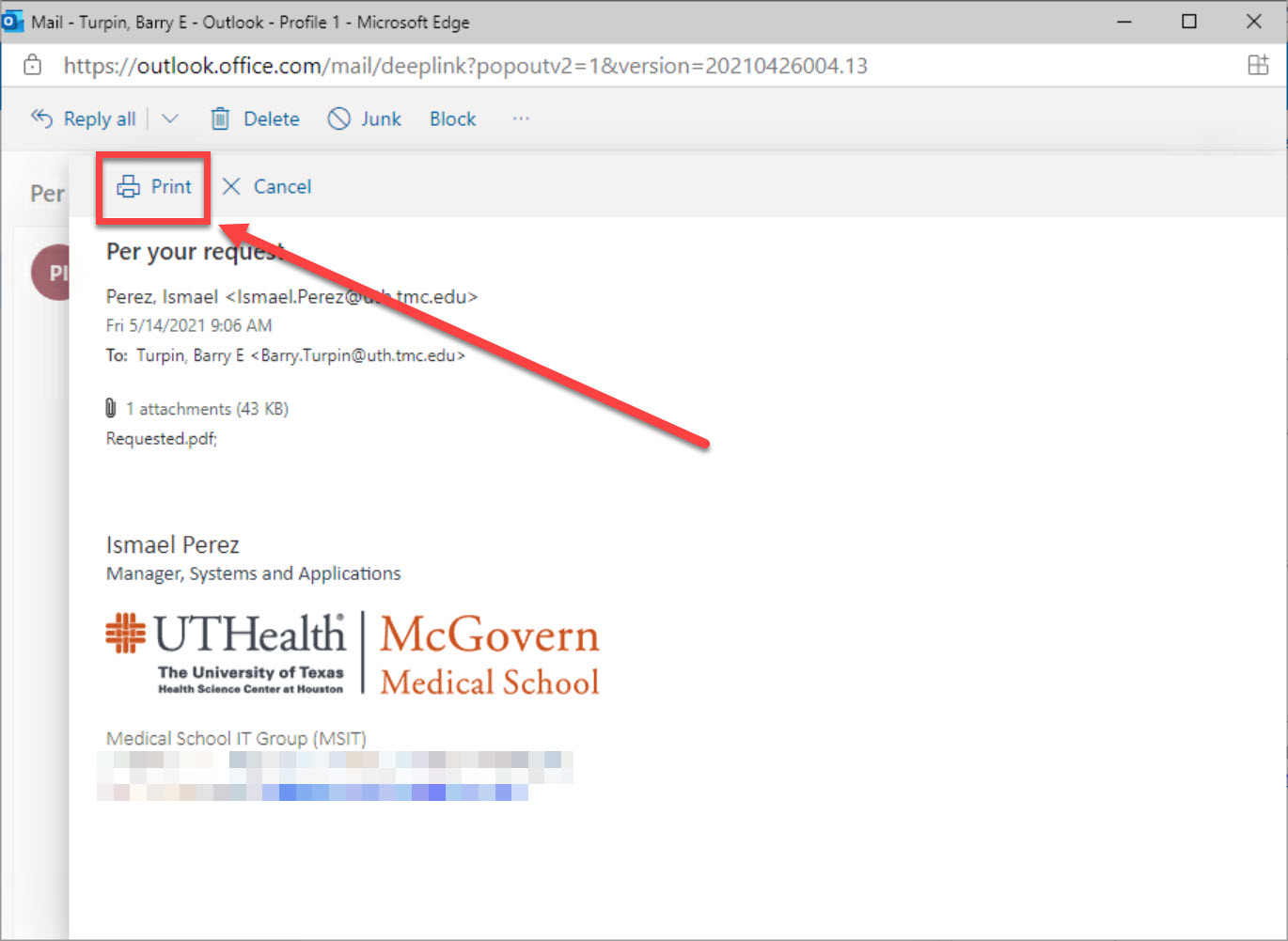 图像显示在Uthealth Citrix Webmail门户中查看单个电子邮件的同时，显示打印按钮的位置。