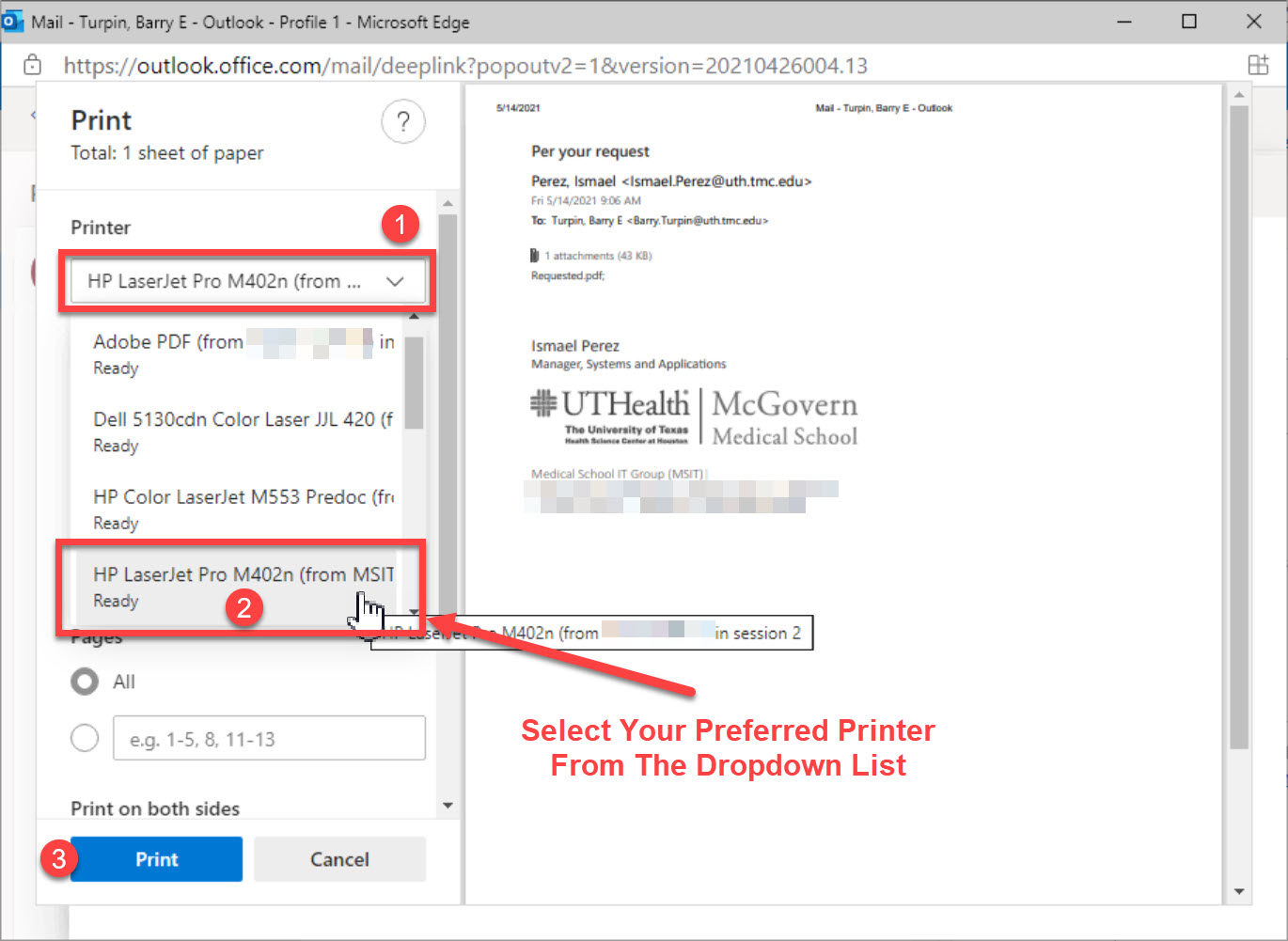 在Uthealth Citrix WebMail门户中，显示如何从打印机选择菜单中选择打印机并打印电子邮件。