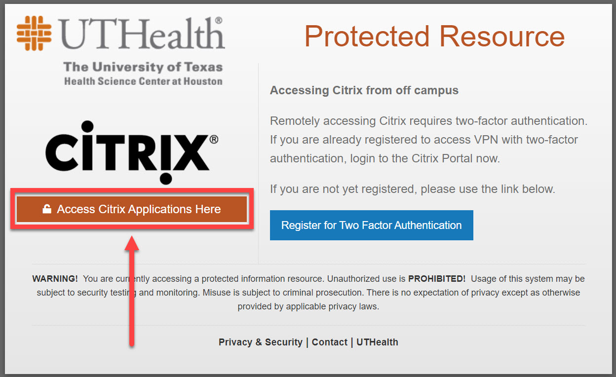Uthealth Citrix“受保护资源”页面，带有箭头指示单击“访问Citrix应用程序此处”的屏幕按钮。