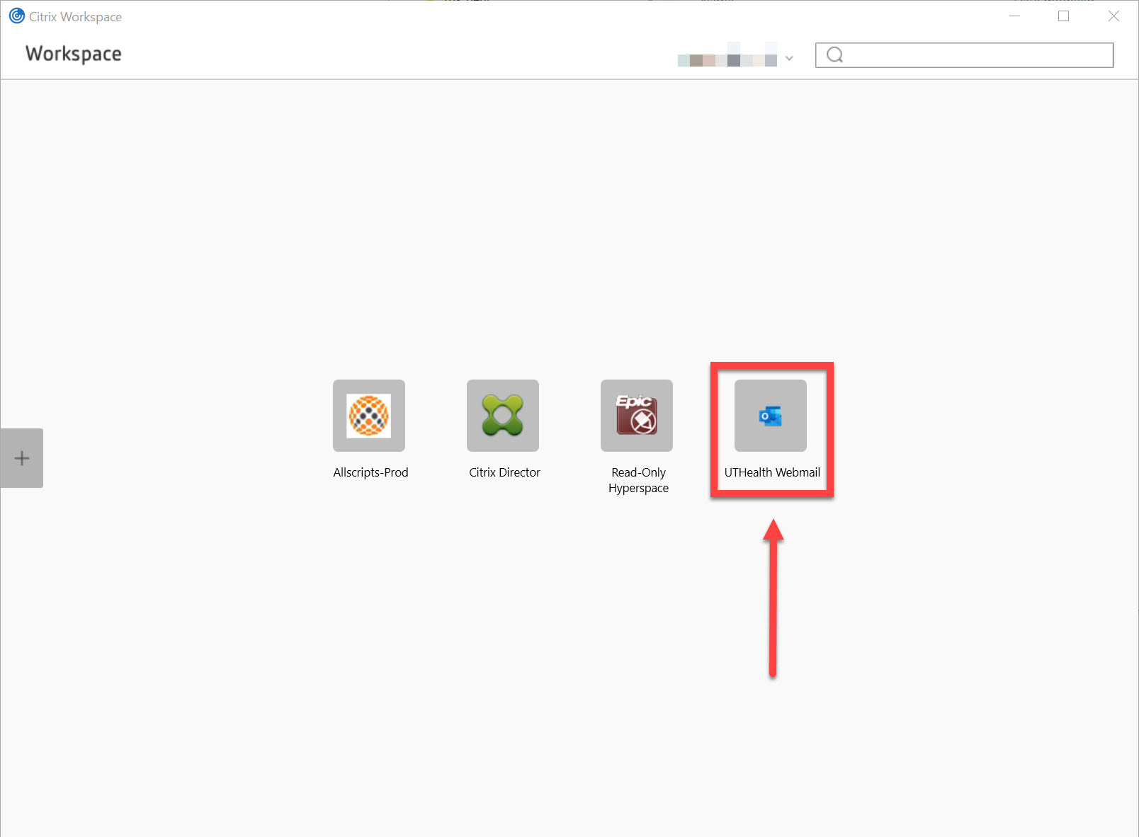 一个示例Uthealth Citrix门户网站，带有箭头和突出显示框，指向“在线non-kiosk”图标，该图标使用户可以通过门户访问网络邮件。