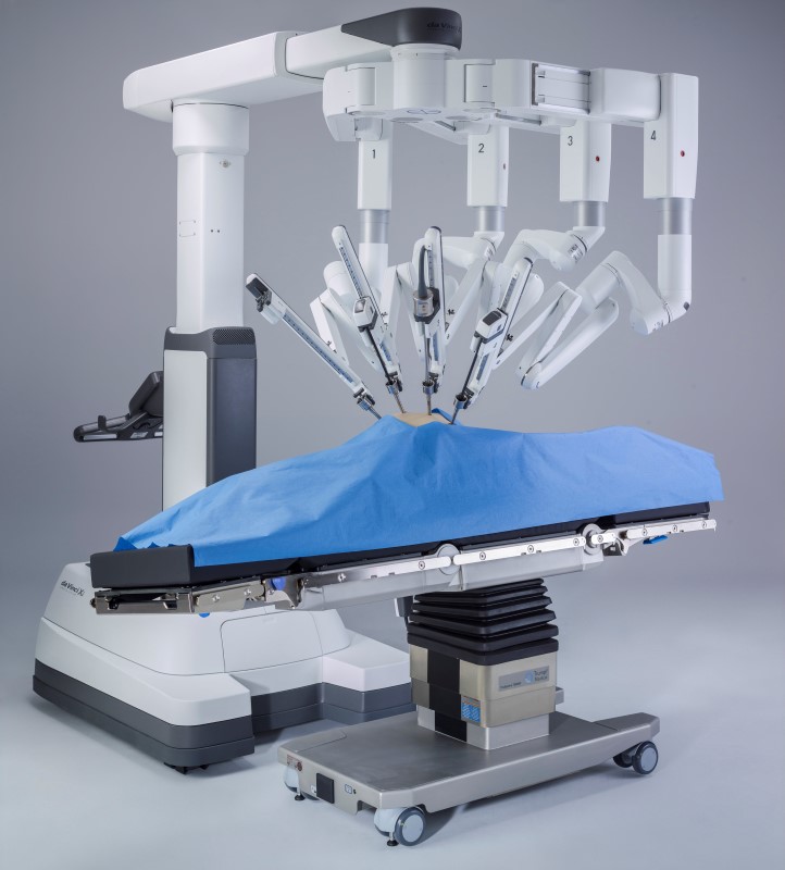 Intuitive Surgical's da Vinci Xi robot-assisted system is integrated with a patient operating room table that can be adjusted during the procedure is shown in this image taken in Sunnyvale, California, U.S. in 2015.   Courtesy Intuitive Surgical/Handout via REUTERS